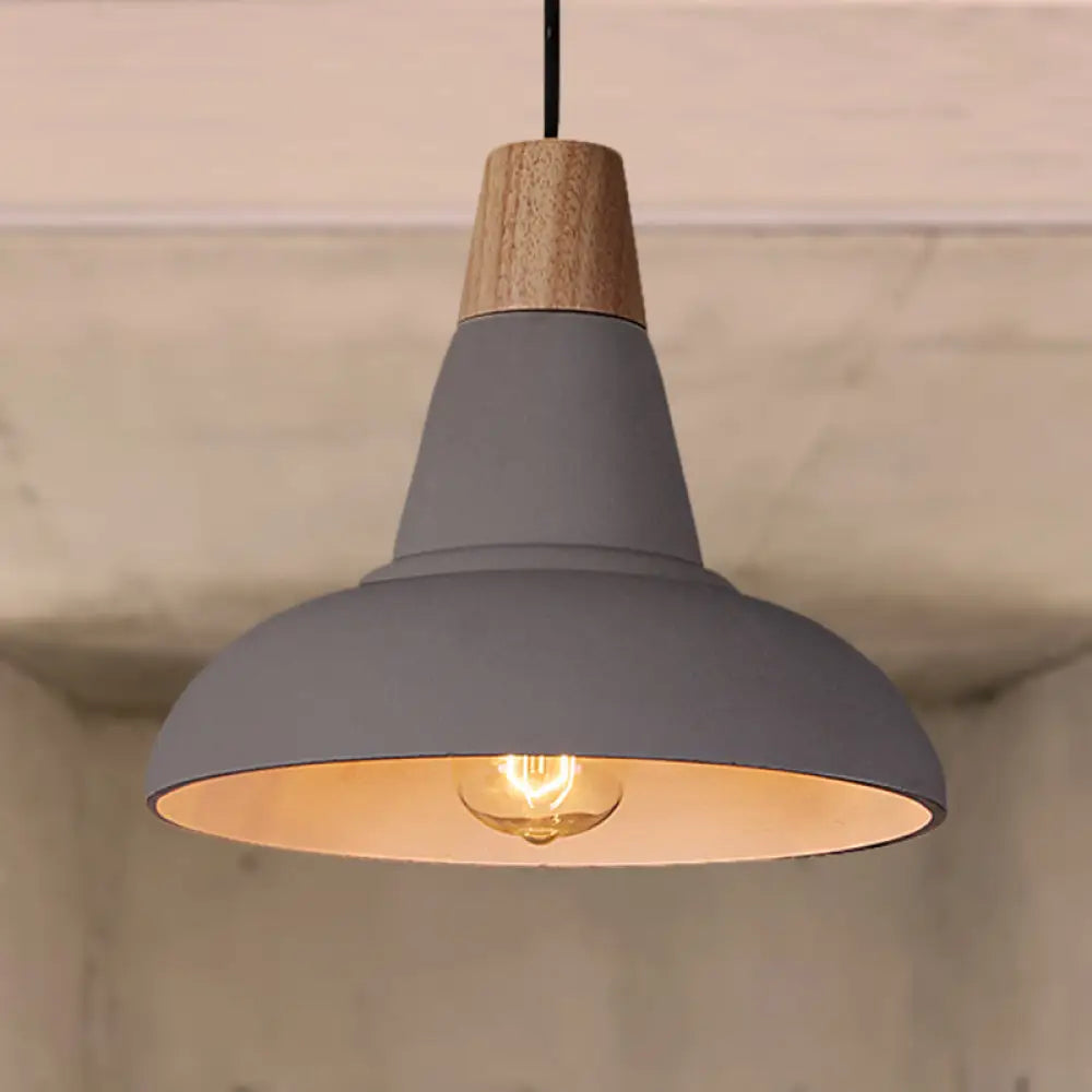 Industrial Style Cement And Wood Pendant Light With Grey/White Bowl Shade Grey