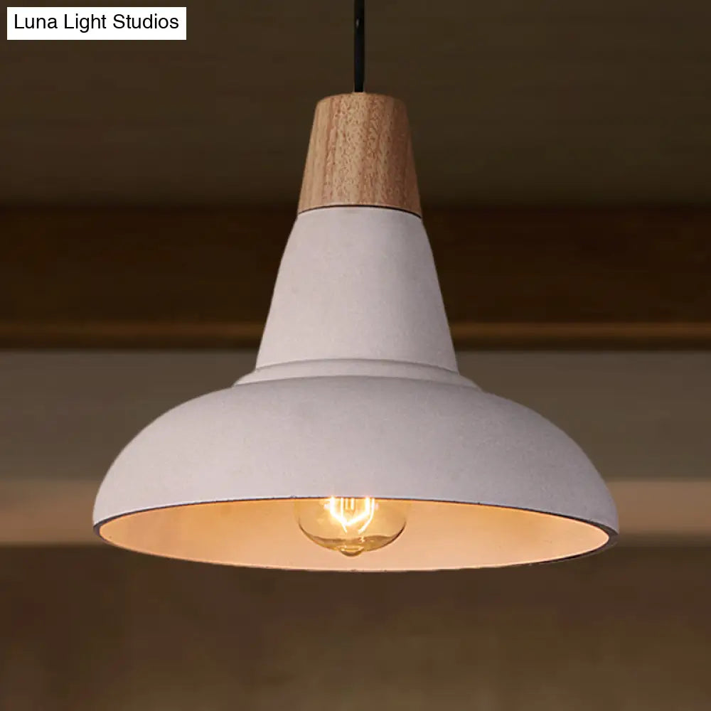 Industrial Style Ceiling Pendant - Cement & Wood Finish Grey/White Bowl Shade 1 Light Bedside