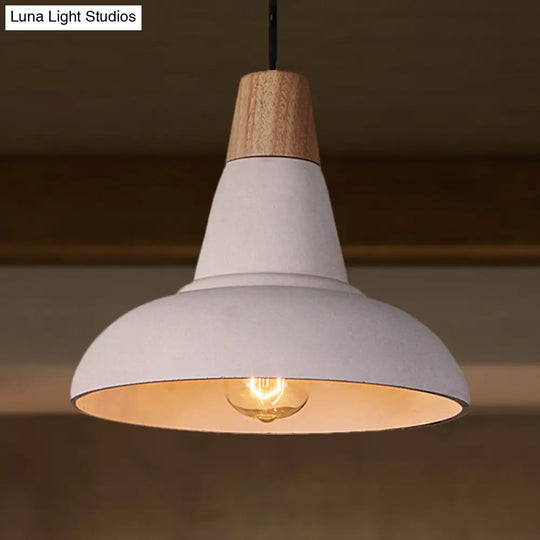 Industrial Style Ceiling Pendant - Cement & Wood Finish Grey/White Bowl Shade 1 Light Bedside