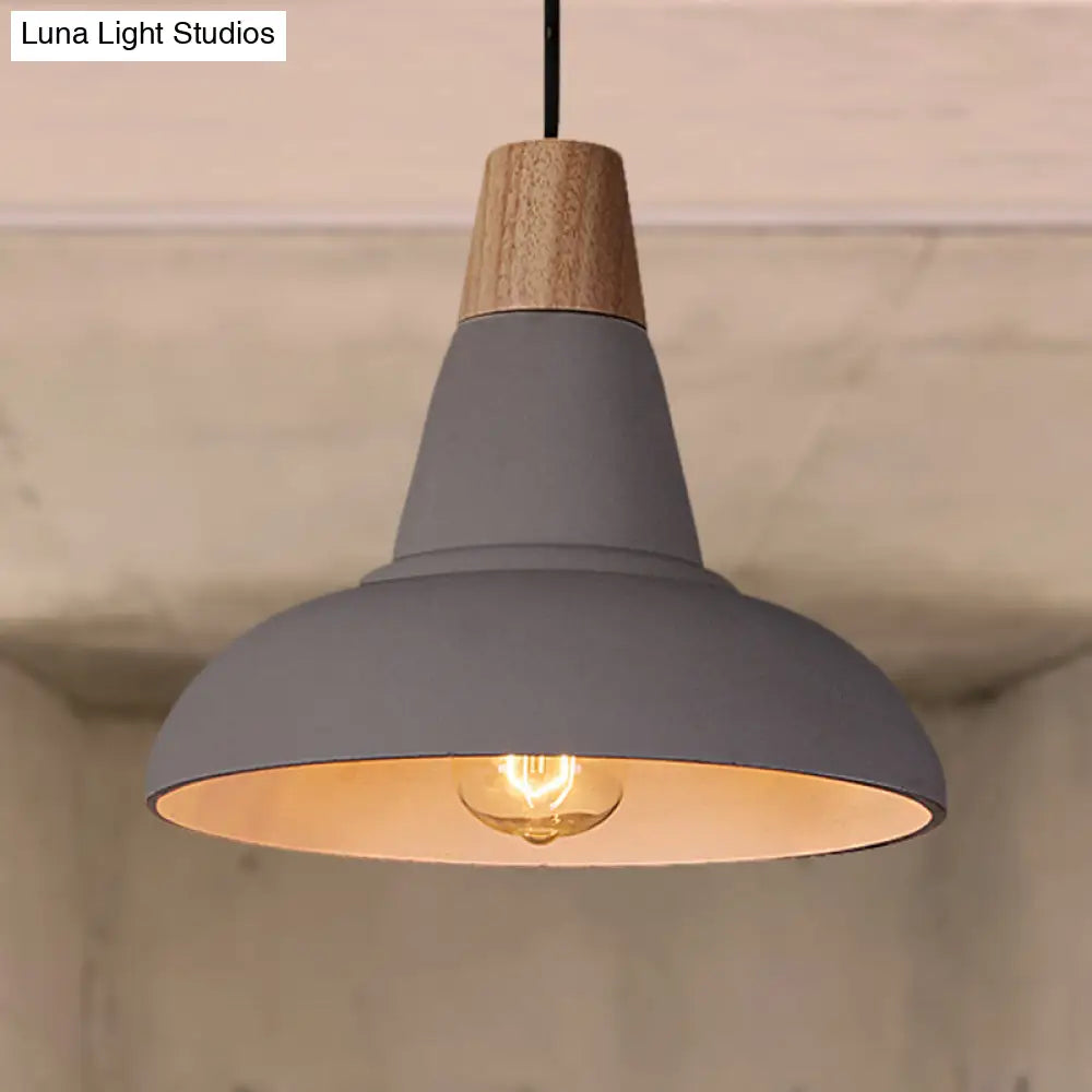 Industrial Style Ceiling Pendant - Cement & Wood Finish Grey/White Bowl Shade 1 Light Bedside