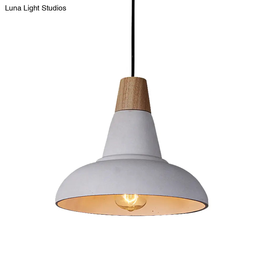 Industrial Style Cement And Wood Pendant Light With Grey/White Bowl Shade