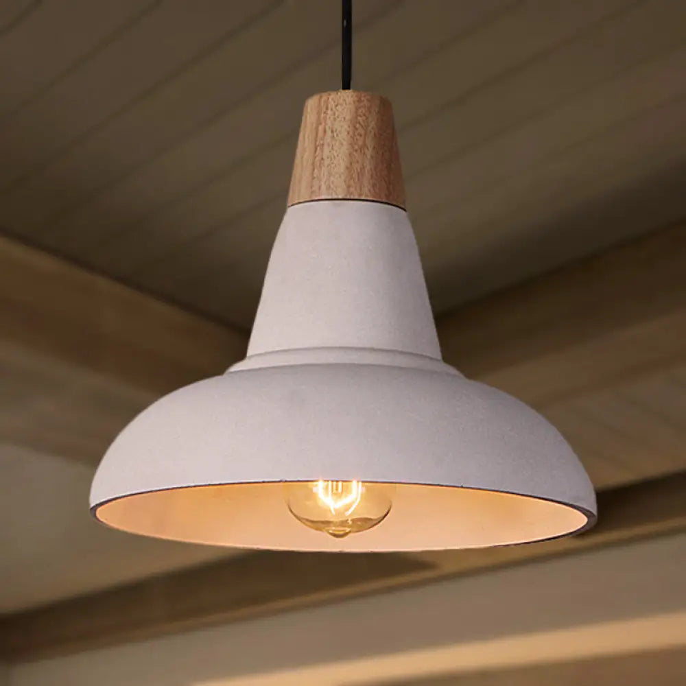 Industrial Style Cement And Wood Pendant Light With Grey/White Bowl Shade White