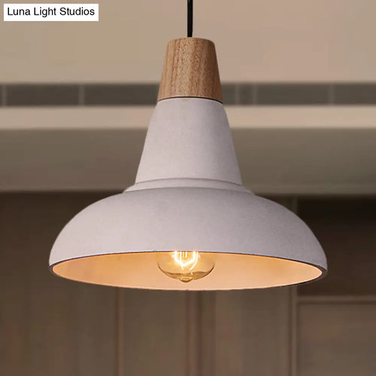 Industrial Style Ceiling Pendant - Cement & Wood Finish Grey/White Bowl Shade 1 Light Bedside