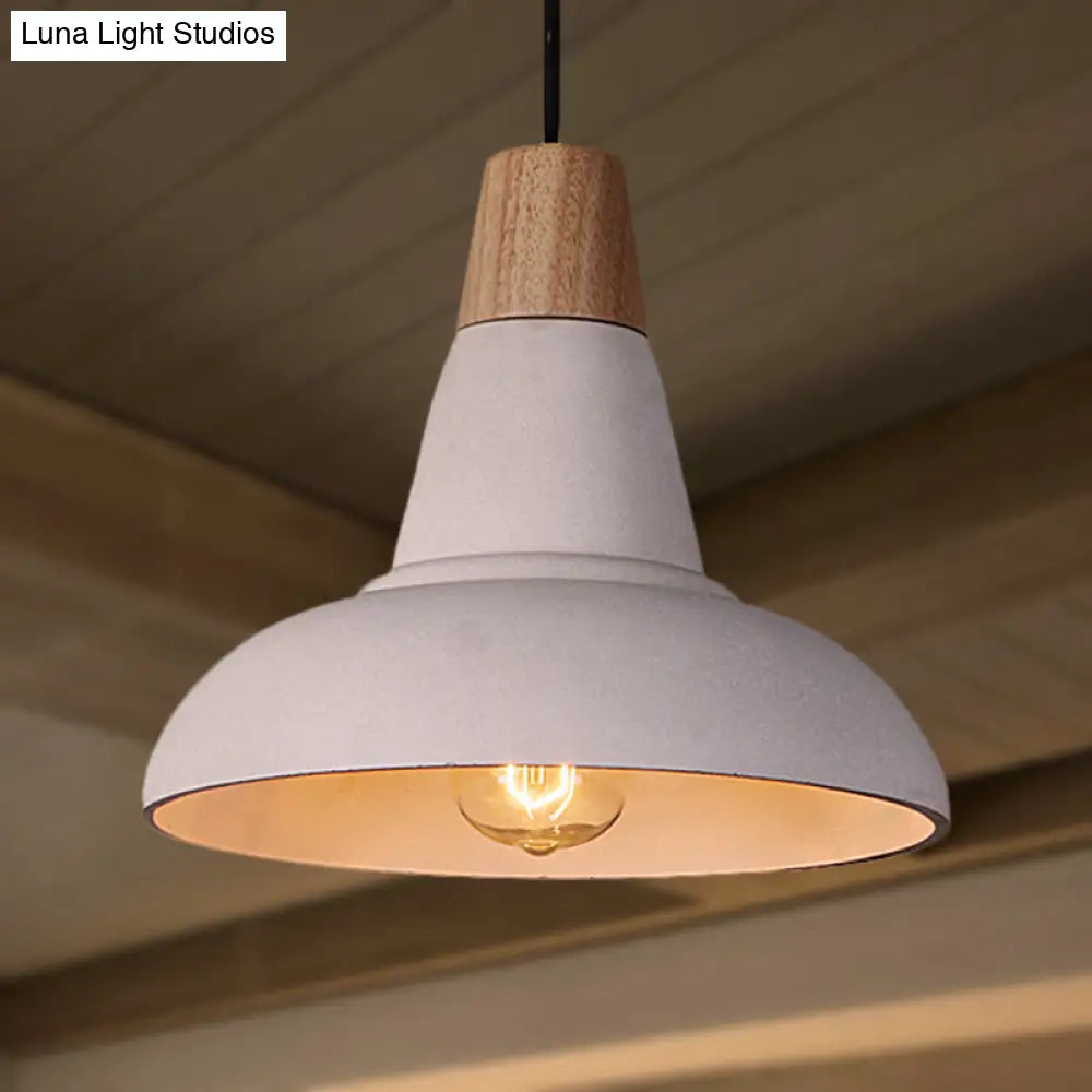 Industrial Style Ceiling Pendant - Cement & Wood Finish Grey/White Bowl Shade 1 Light Bedside