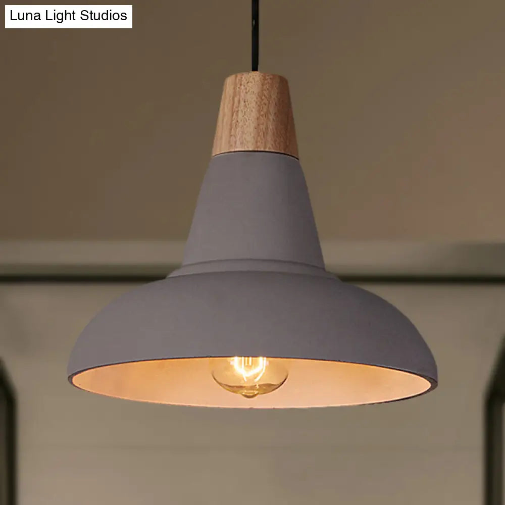 Industrial Style Ceiling Pendant - Cement & Wood Finish Grey/White Bowl Shade 1 Light Bedside