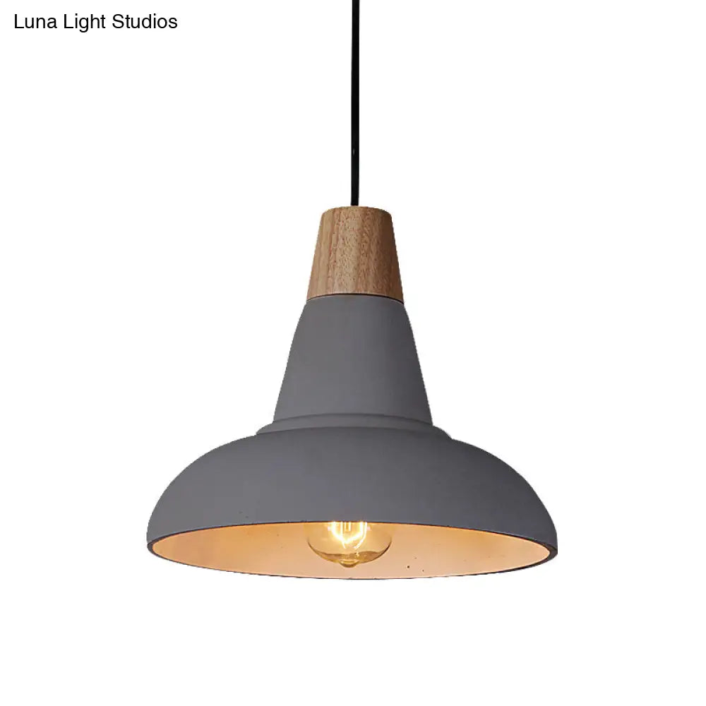 Industrial Style Ceiling Pendant - Cement & Wood Finish Grey/White Bowl Shade 1 Light Bedside