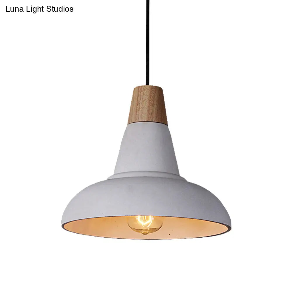 Industrial Style Ceiling Pendant - Cement & Wood Finish Grey/White Bowl Shade 1 Light Bedside