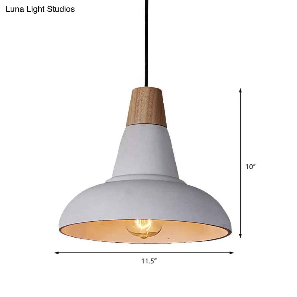 Industrial Style Ceiling Pendant - Cement & Wood Finish Grey/White Bowl Shade 1 Light Bedside