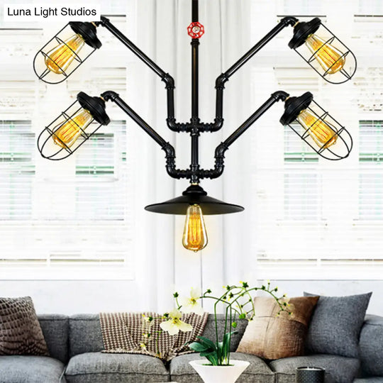 Industrial Style Chandelier With Wire Cage And Water Pipe - 5-Light Suspended Light For Dining Room