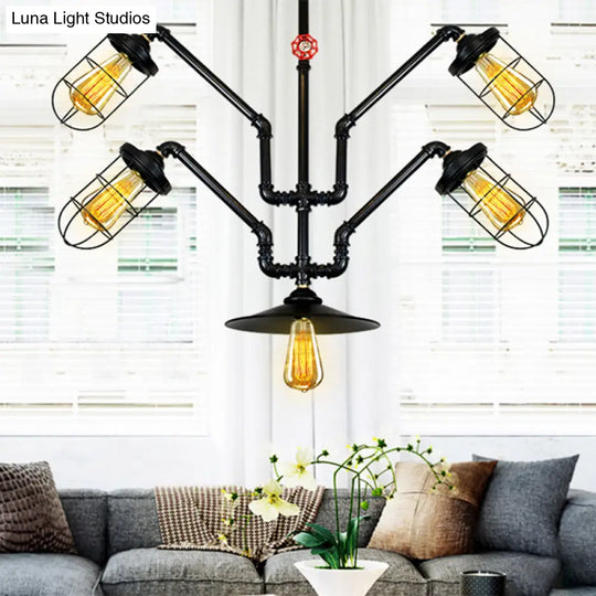 Industrial Style Chandelier Lamp: 5-Light Wire Cage Suspension With Water Pipe – Ideal For Dining