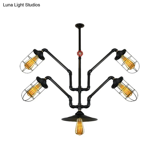 Industrial Style Chandelier Lamp: 5-Light Wire Cage Suspension With Water Pipe – Ideal For Dining