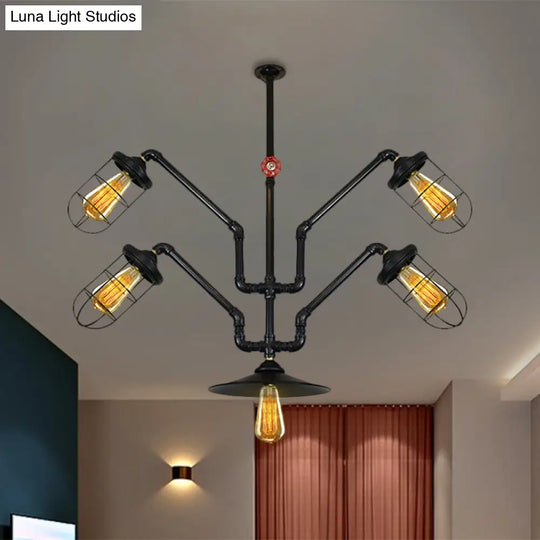 Industrial Style Chandelier Lamp: 5-Light Wire Cage Suspension With Water Pipe – Ideal For Dining