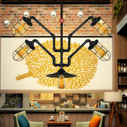 Industrial Style Chandelier Lamp: 5-Light Wire Cage Suspension With Water Pipe – Ideal For Dining