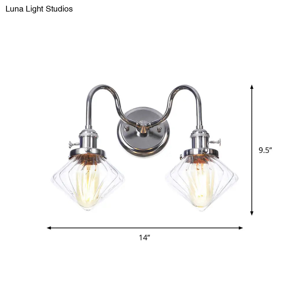 Industrial Style Chrome Wall Sconce With Clear Glass Globe/Cone Wavy Arm - 2 Light Kit For Corridor