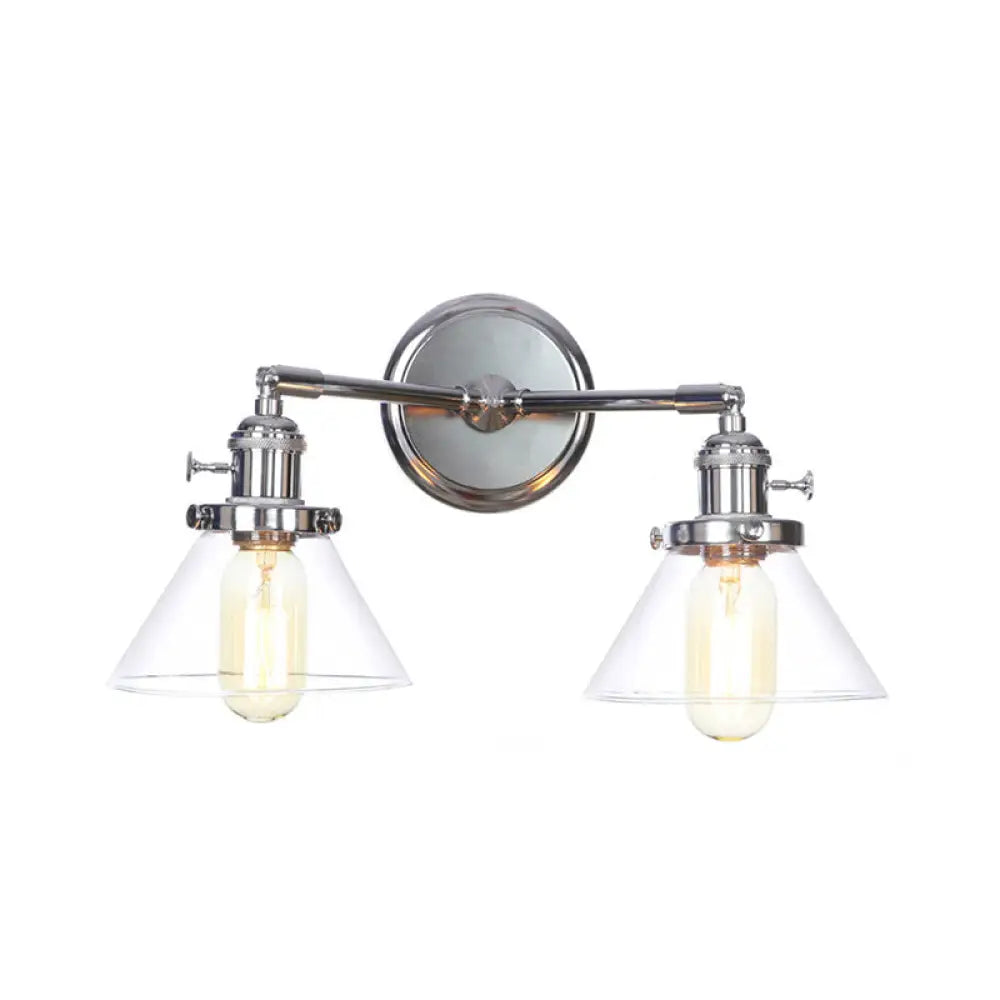 Industrial Style Chrome Wall Sconce With Clear Glass Globe/Cone Wavy Arm - 2 Light Kit For Corridor