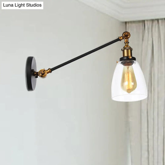 Industrial Style Clear Glass 1-Light Wall Sconce With Arm 8/12 Length - Black/Bronze/Brass Finish