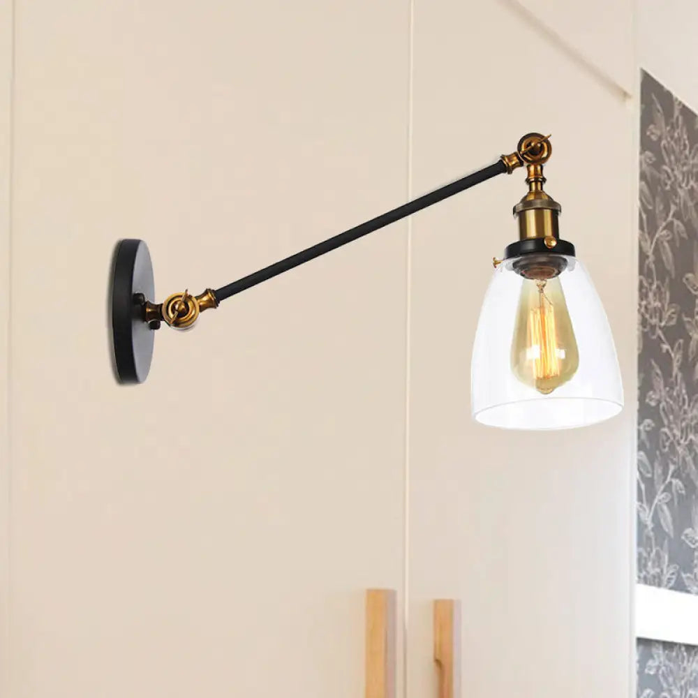 Industrial Style Clear Glass 1-Light Wall Sconce With Arm 8/12 Length - Black/Bronze/Brass Finish