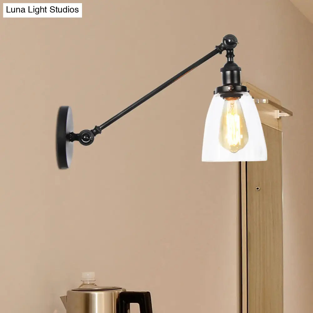 Industrial Style Clear Glass 1-Light Wall Sconce With Arm 8/12 Length - Black/Bronze/Brass Finish