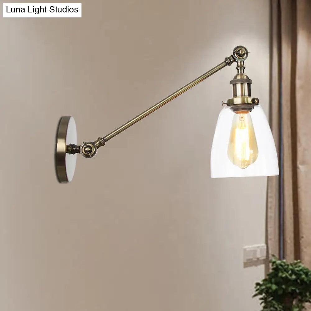 Industrial Style Clear Glass 1-Light Wall Sconce With Arm 8/12 Length - Black/Bronze/Brass Finish