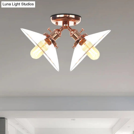 Industrial Style Clear Glass Semi Flush Mount Ceiling Light With 2 Lights For Conical Restaurants