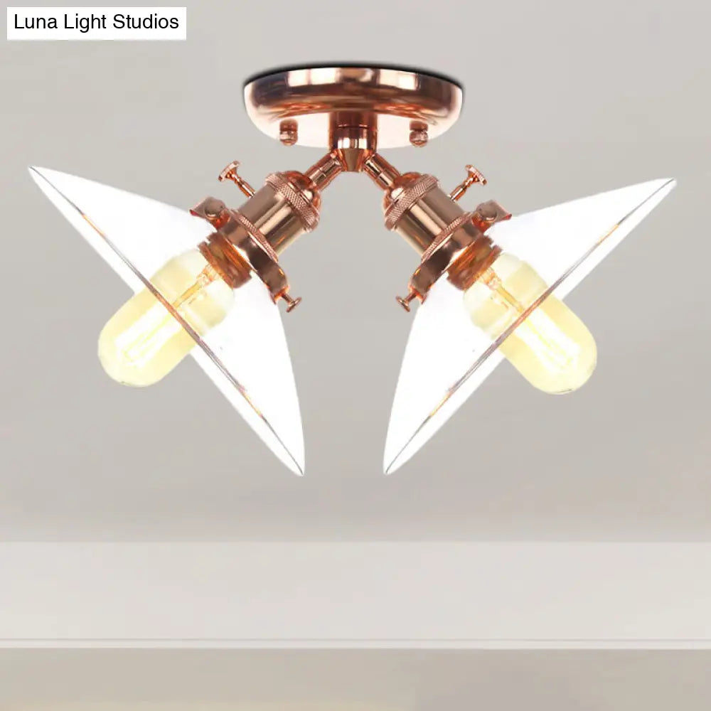 Industrial Conical Restaurant Semi Flush Light With Clear Glass - 2 Lights Ceiling Mount In