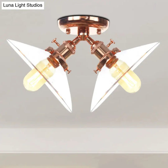 Industrial Conical Restaurant Semi Flush Light With Clear Glass - 2 Lights Ceiling Mount In