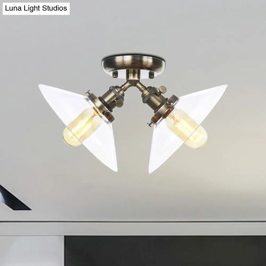 Industrial Conical Restaurant Semi Flush Light With Clear Glass - 2 Lights Ceiling Mount In