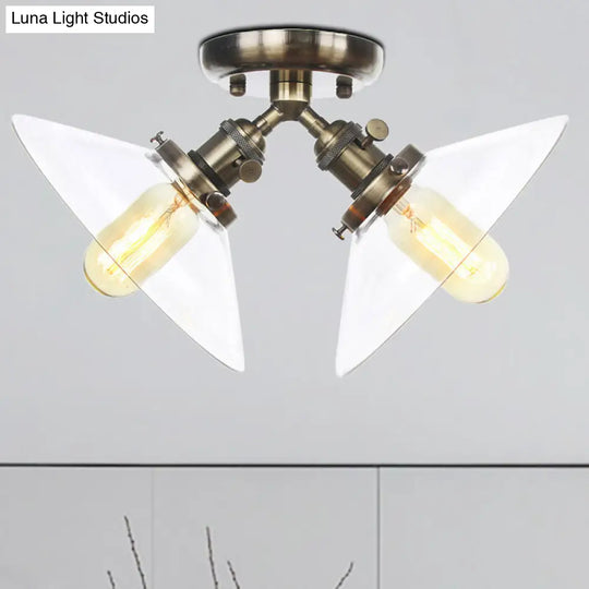 Industrial Conical Restaurant Semi Flush Light With Clear Glass - 2 Lights Ceiling Mount In