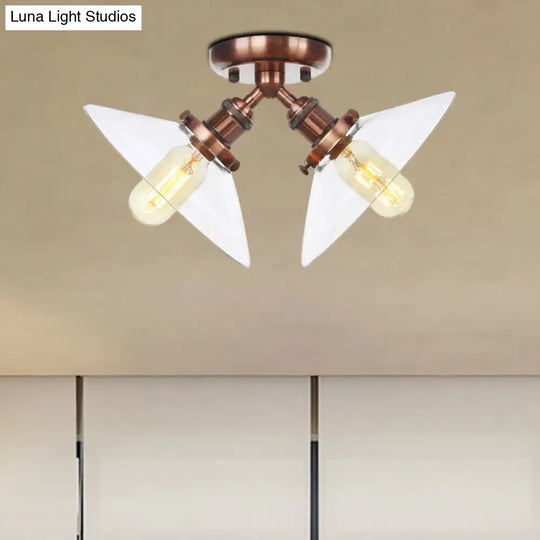 Industrial Conical Restaurant Semi Flush Light With Clear Glass - 2 Lights Ceiling Mount In