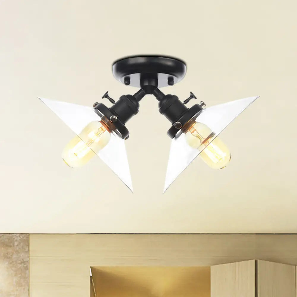 Industrial Style Clear Glass Semi Flush Mount Ceiling Light With 2 Lights For Conical Restaurants