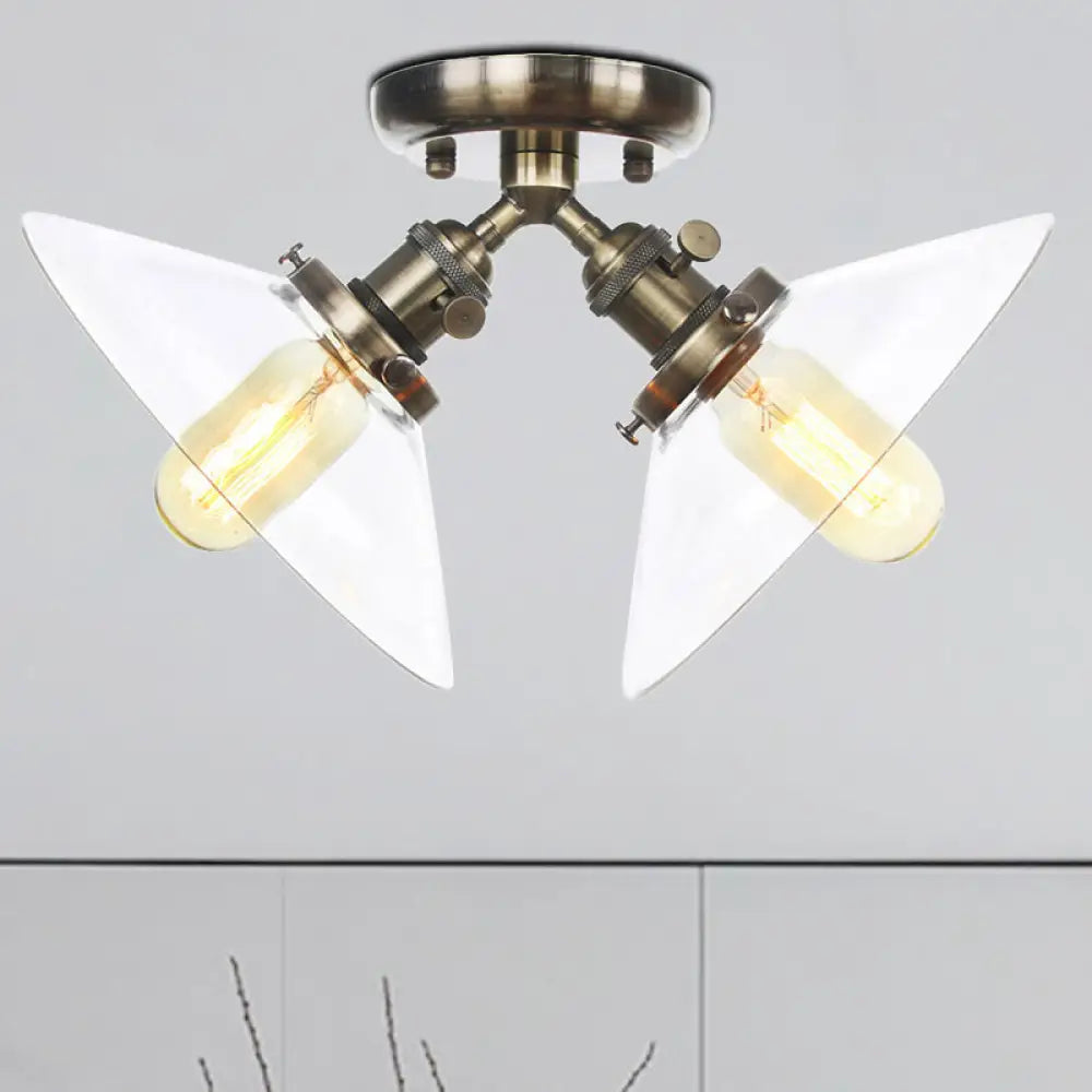 Industrial Style Clear Glass Semi Flush Mount Ceiling Light With 2 Lights For Conical Restaurants