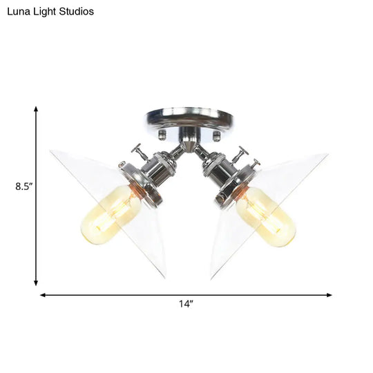 Industrial Conical Restaurant Semi Flush Light With Clear Glass - 2 Lights Ceiling Mount In