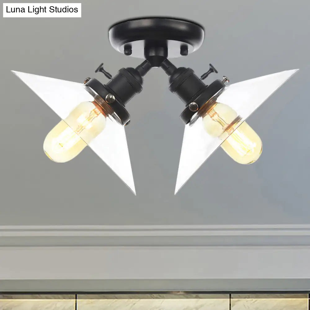 Industrial Conical Restaurant Semi Flush Light With Clear Glass - 2 Lights Ceiling Mount In