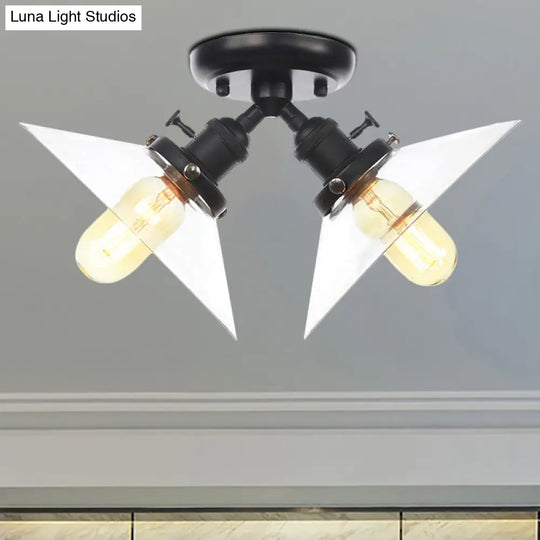 Industrial Conical Restaurant Semi Flush Light With Clear Glass - 2 Lights Ceiling Mount In