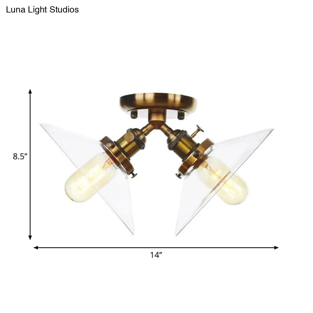 Industrial Conical Restaurant Semi Flush Light With Clear Glass - 2 Lights Ceiling Mount In