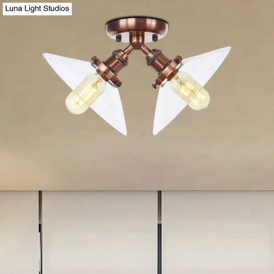 Industrial Style Clear Glass Semi Flush Mount Ceiling Light With 2 Lights For Conical Restaurants