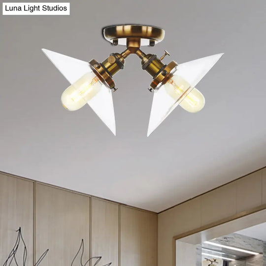 Industrial Style Clear Glass Semi Flush Mount Ceiling Light With 2 Lights For Conical Restaurants