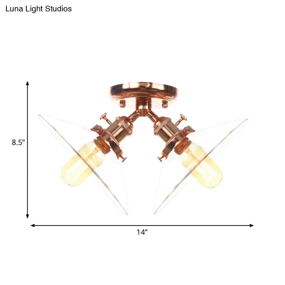 Industrial Conical Restaurant Semi Flush Light With Clear Glass - 2 Lights Ceiling Mount In