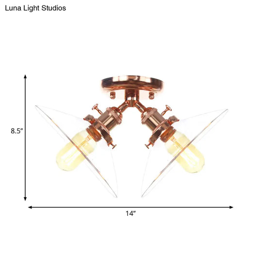 Industrial Conical Restaurant Semi Flush Light With Clear Glass - 2 Lights Ceiling Mount In