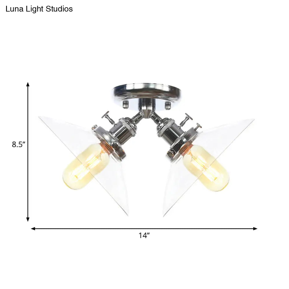 Industrial Style Clear Glass Semi Flush Mount Ceiling Light With 2 Lights For Conical Restaurants