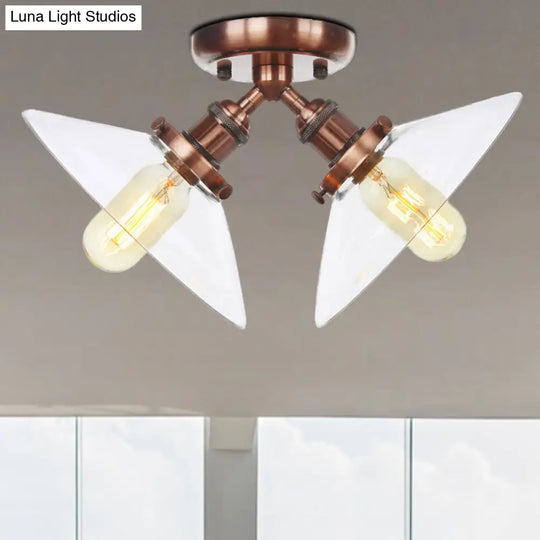 Industrial Conical Restaurant Semi Flush Light With Clear Glass - 2 Lights Ceiling Mount In