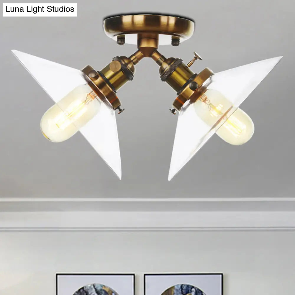 Industrial Conical Restaurant Semi Flush Light With Clear Glass - 2 Lights Ceiling Mount In