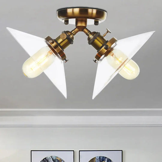 Industrial Style Clear Glass Semi Flush Mount Ceiling Light With 2 Lights For Conical Restaurants