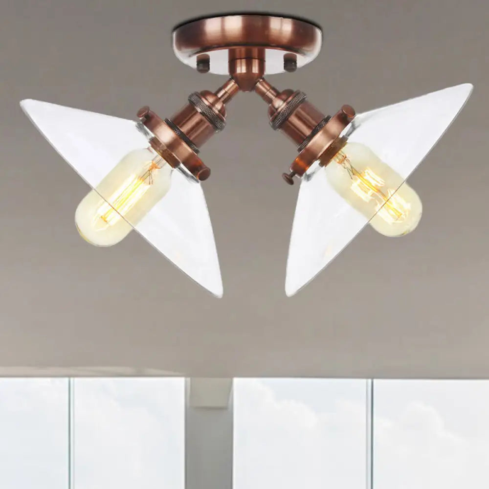 Industrial Style Clear Glass Semi Flush Mount Ceiling Light With 2 Lights For Conical Restaurants