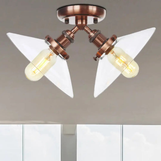 Industrial Style Clear Glass Semi Flush Mount Ceiling Light With 2 Lights For Conical Restaurants