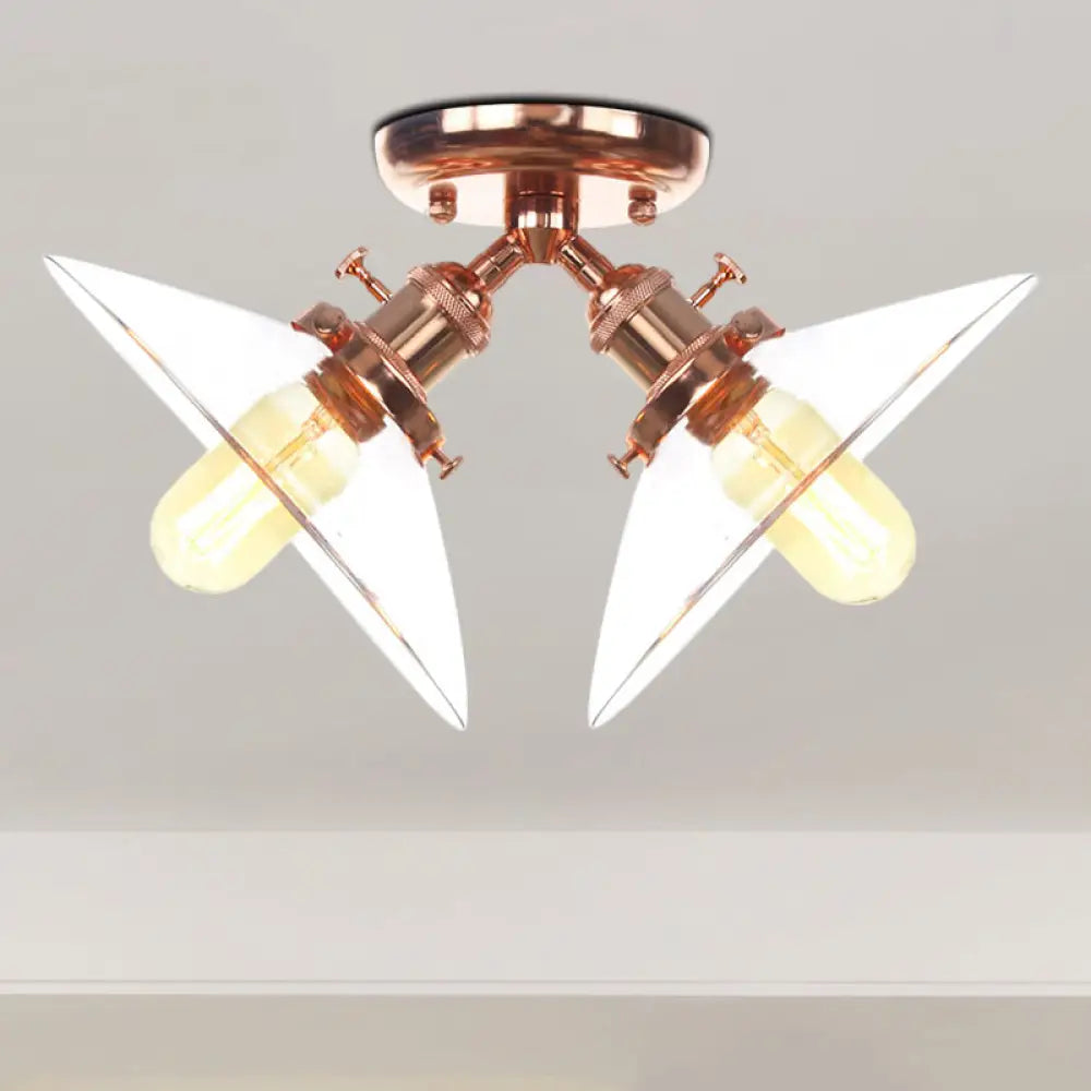 Industrial Style Clear Glass Semi Flush Mount Ceiling Light With 2 Lights For Conical Restaurants