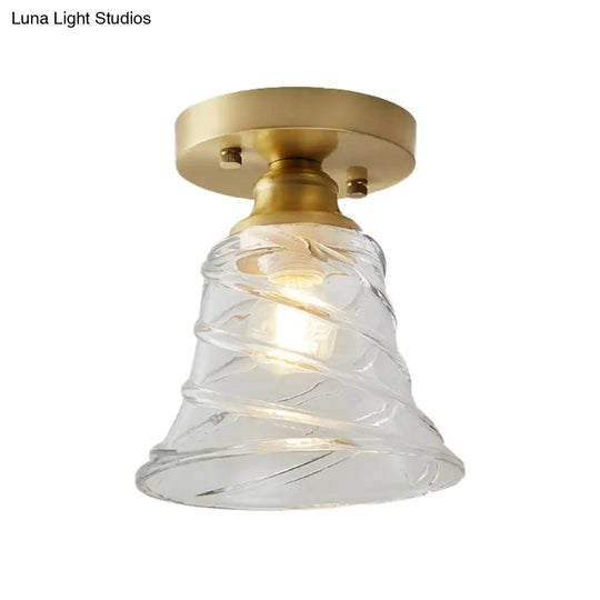 Industrial-Style Cone Glass Ceiling Light - Single Bulb Semi Flush Mount Fixture In Brass With Clear