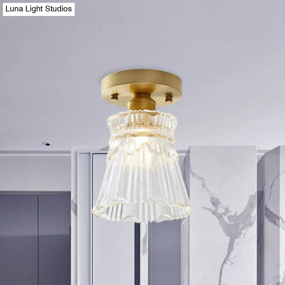 Industrial-Style Cone Glass Ceiling Light - Single Bulb Semi Flush Mount Fixture In Brass With