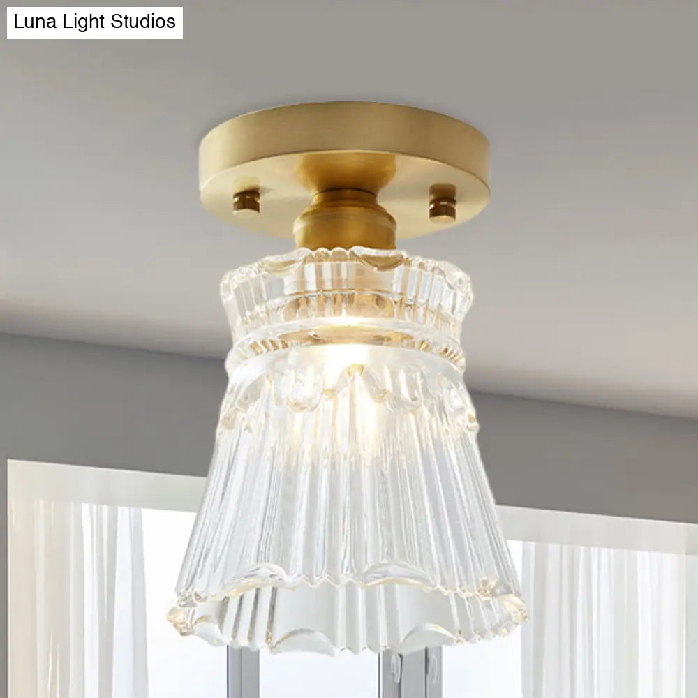 Industrial-Style Cone Glass Ceiling Light - Single Bulb Semi Flush Mount Fixture In Brass With Clear