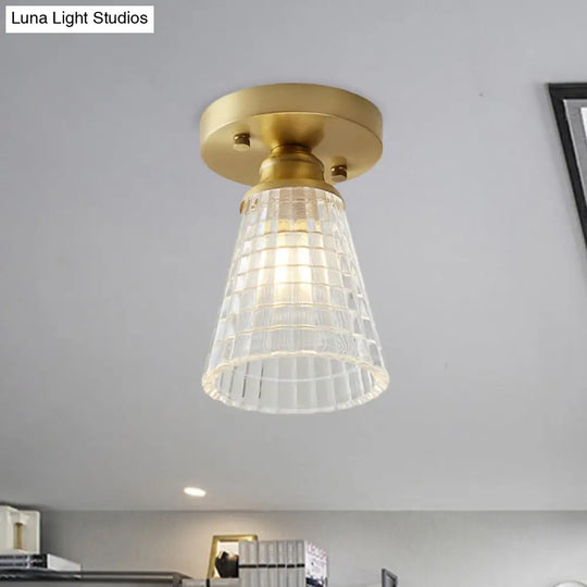 Industrial-Style Cone Glass Ceiling Light - Single Bulb Semi Flush Mount Fixture In Brass With